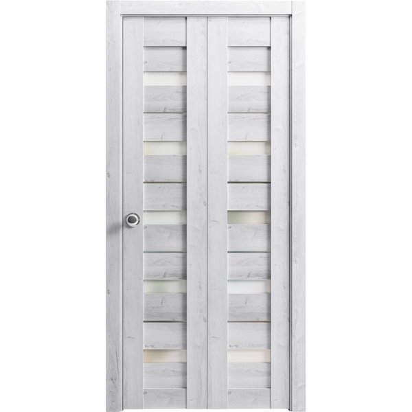 Sartodoors Sliding Closet Bi-fold Doors 36 x 96in, Quadro 4445 Nordic White W/ Frosted Glass, Sturdy Tracks QUADRO4445BF-NOR-3696